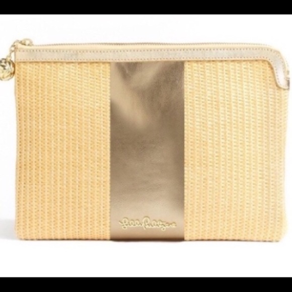 Lilly Pulitzer Southside Gold and Tan Clutch straw woven shimmer summer - Picture 1 of 12